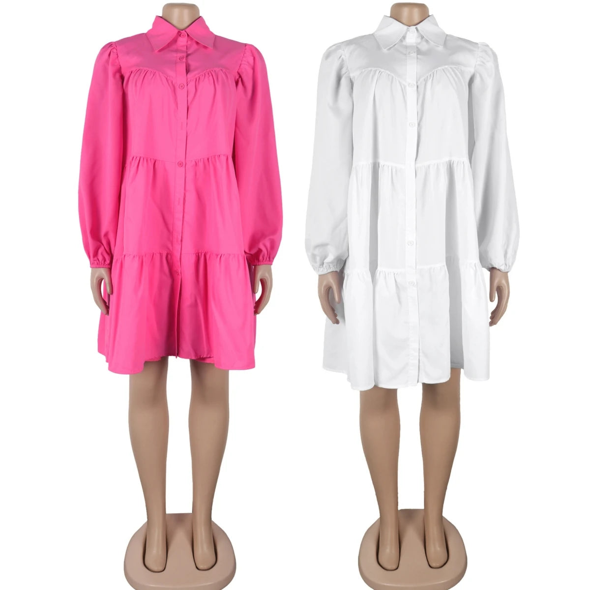 Summer 2025 Solid Color Pleated Turn-down Collar High-End Button Loose Hem Casual Midi Dresses Ladies Elegant Dresses