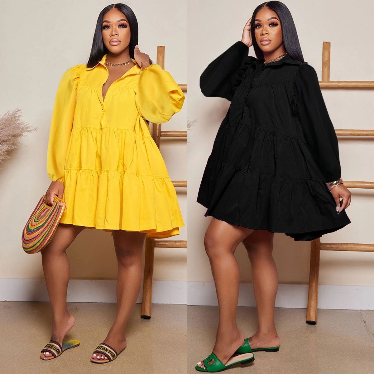 Summer 2025 Solid Color Pleated Turn-down Collar High-End Button Loose Hem Casual Midi Dresses Ladies Elegant Dresses