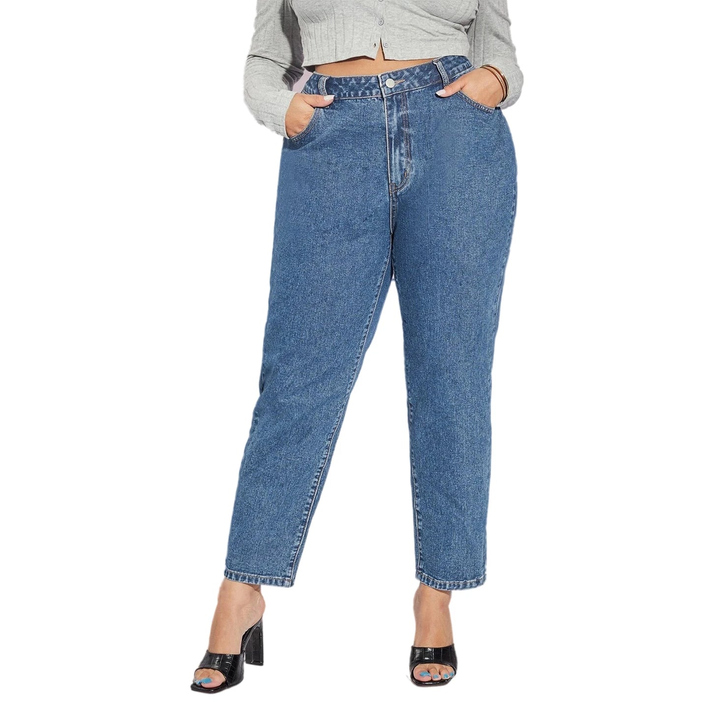 High Waist Plus Size Straight Dark Blue Full Length Jeans Pants for Women Mom Pencil Boyfriend Women's Denim Jeans Ladies Pants