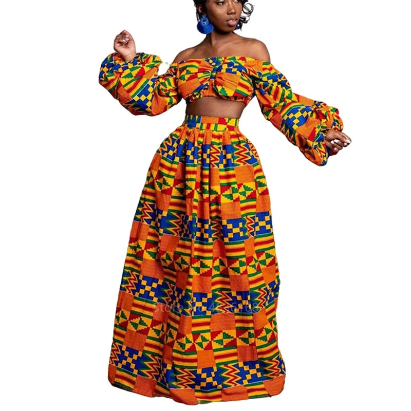 African Dresses for Women Autumn 2-piece Set Lady Full Sleeve Shoulder Off Festher Dashiki Print Split Skirts Africna Clothes