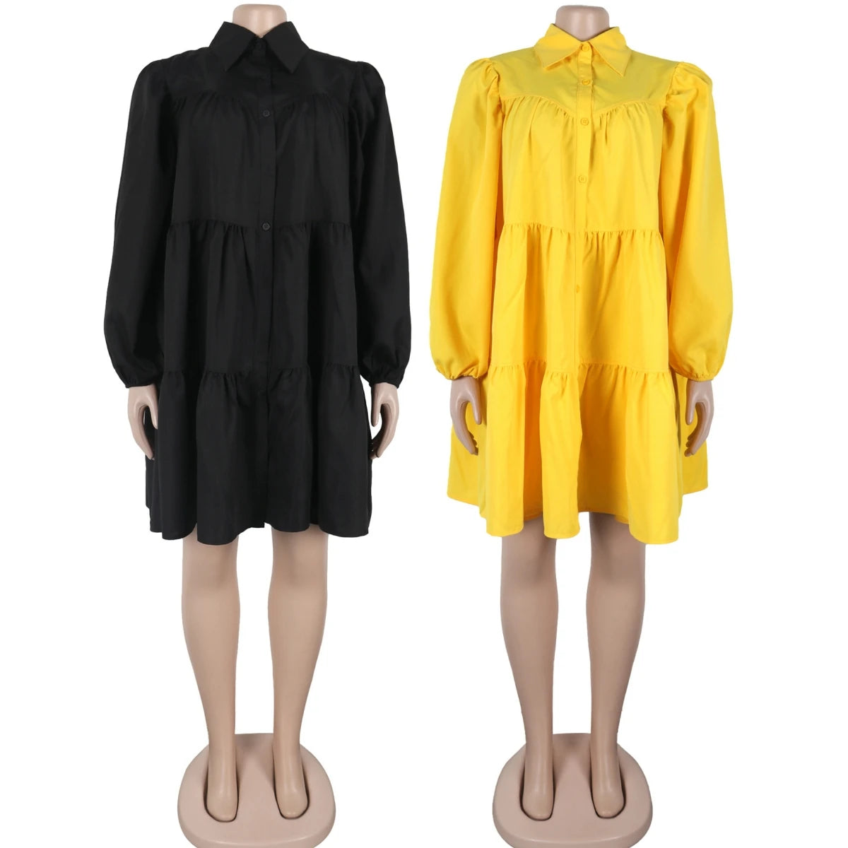 Summer 2025 Solid Color Pleated Turn-down Collar High-End Button Loose Hem Casual Midi Dresses Ladies Elegant Dresses