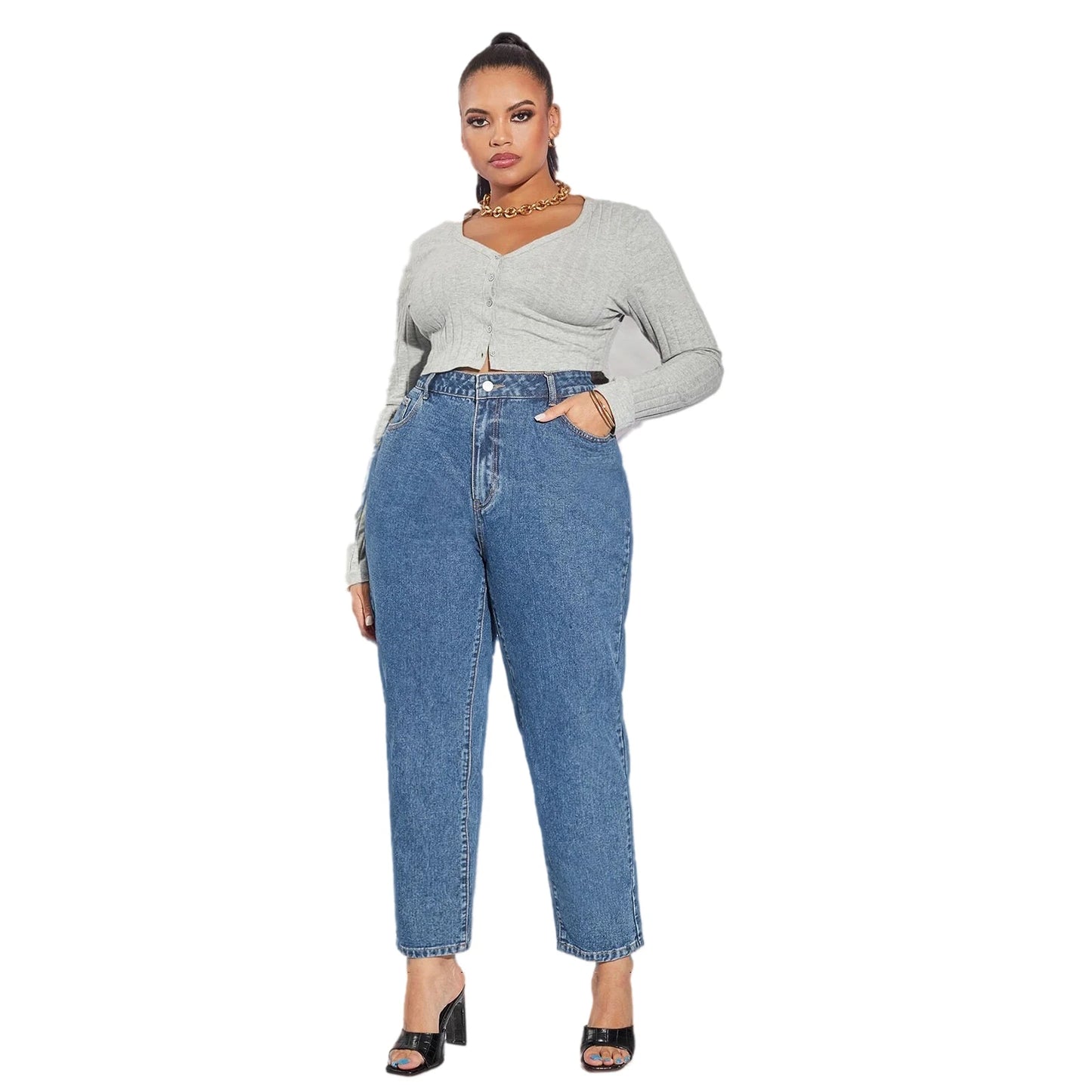 High Waist Plus Size Straight Dark Blue Full Length Jeans Pants for Women Mom Pencil Boyfriend Women's Denim Jeans Ladies Pants