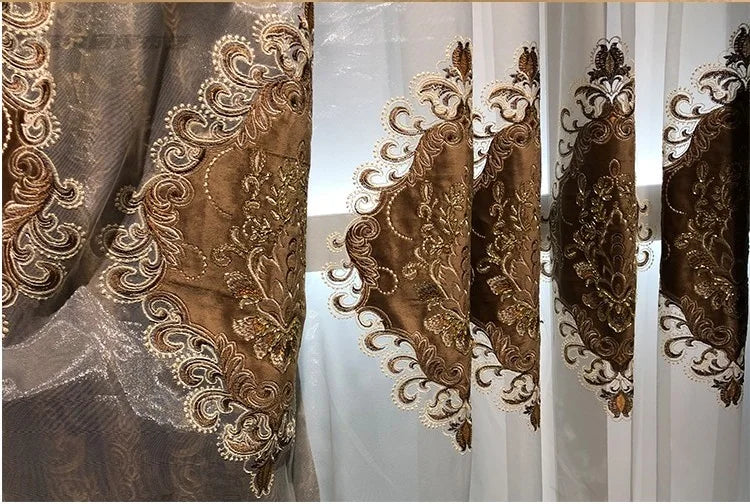 European Curtains for Living Room Dining Bedroom High Window Elegant Palace Luxury Print Velvet Curtain Carved Gold Curry Villa