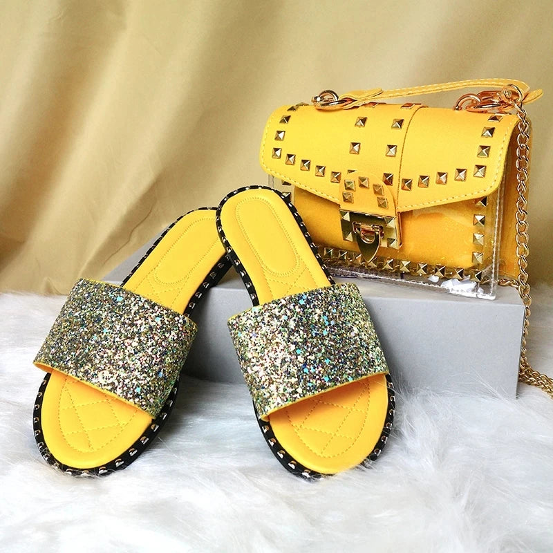 2021 Summer Ladies Elegant Clear Handbags and Sandal Women Fashion Matching Transparent Chain Rivet Purse and Shoe Slipper Set