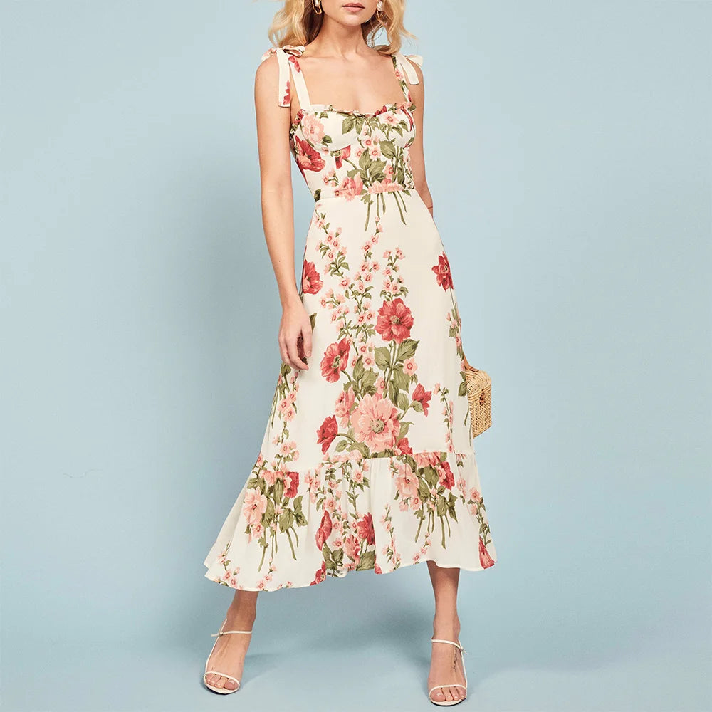 Dresses For Women 2021 Party Elegant Ruffle Hem Beach Summer Dress Sweetheart Neck Tie Strap Tropical Print Chiffon Midi Dress