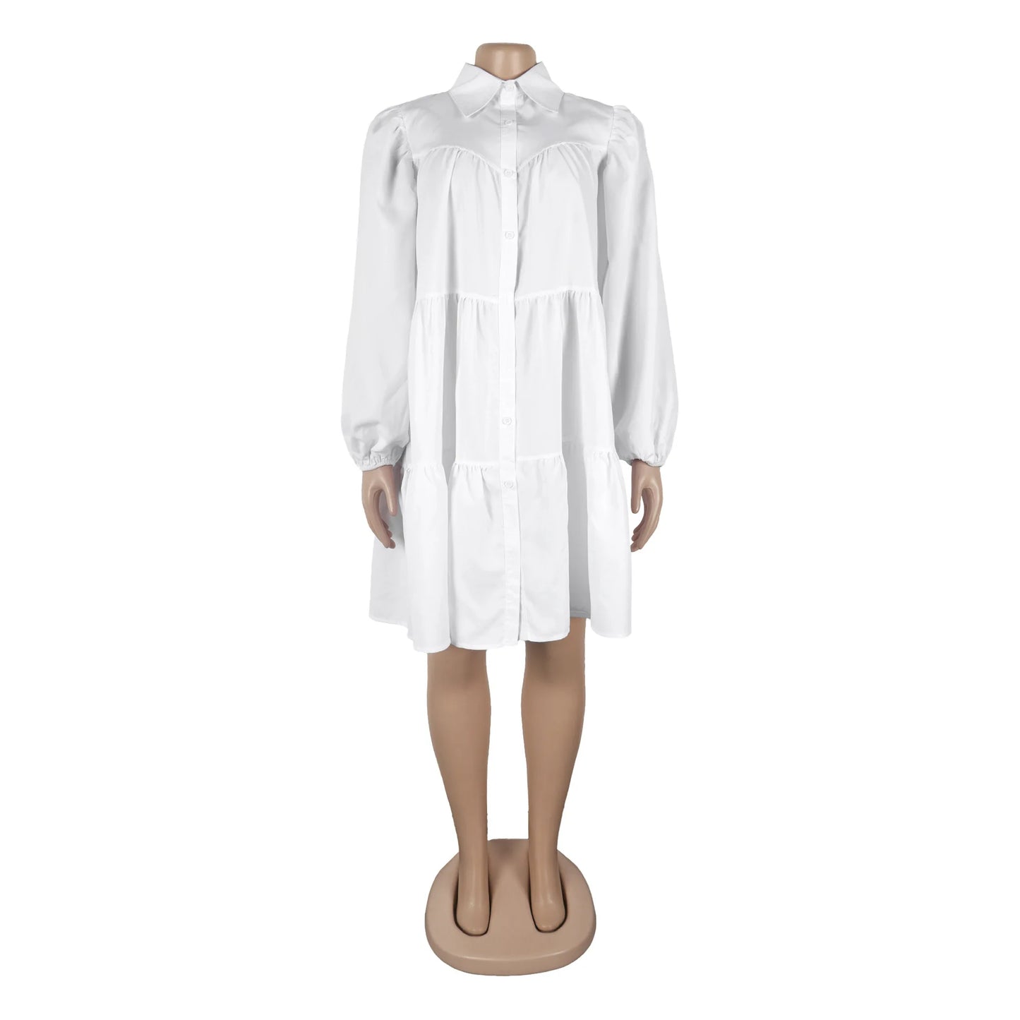 Summer 2025 Solid Color Pleated Turn-down Collar High-End Button Loose Hem Casual Midi Dresses Ladies Elegant Dresses