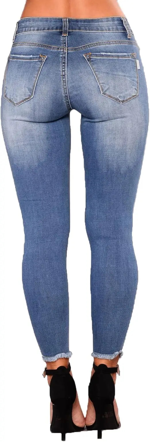 Women's Elegant Light Blue Ripped Skinny Jeans Long Legging Pencil Denim Pants with Casual Style Soft Stretchy Waist Logo