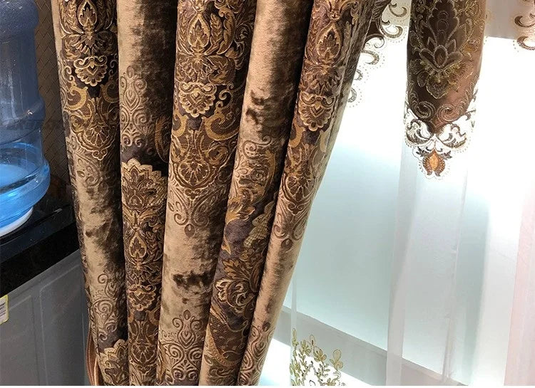 European Curtains for Living Room Dining Bedroom High Window Elegant Palace Luxury Print Velvet Curtain Carved Gold Curry Villa