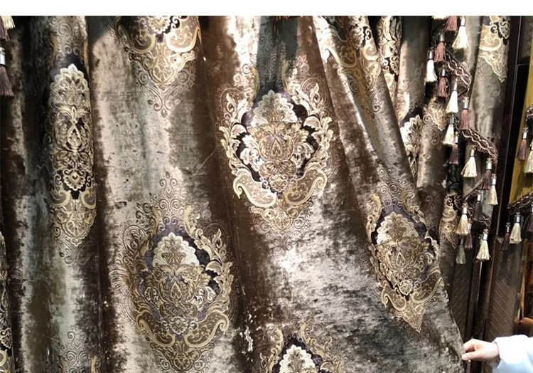 European Curtains for Living Room Dining Bedroom High Window Elegant Palace Luxury Print Velvet Curtain Carved Gold Curry Villa