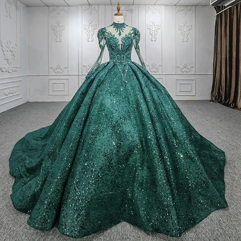 Jancember DY9940 Green High Full Sleeve Dinner Gown Evening Dresses Ladies