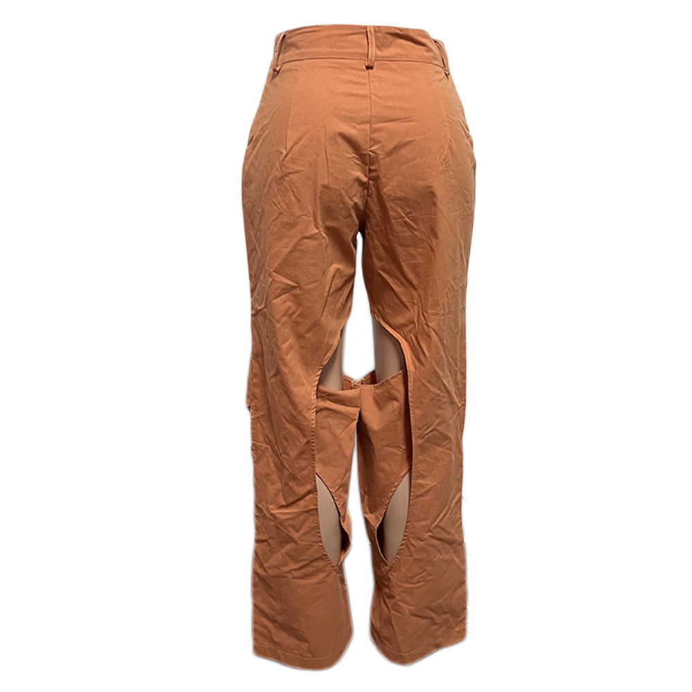 Blue Green Contrast Color Patchwork Wide Leg Trousers for Women High Waist Button Zipper Closure Hollow Out Straight Leg Pants