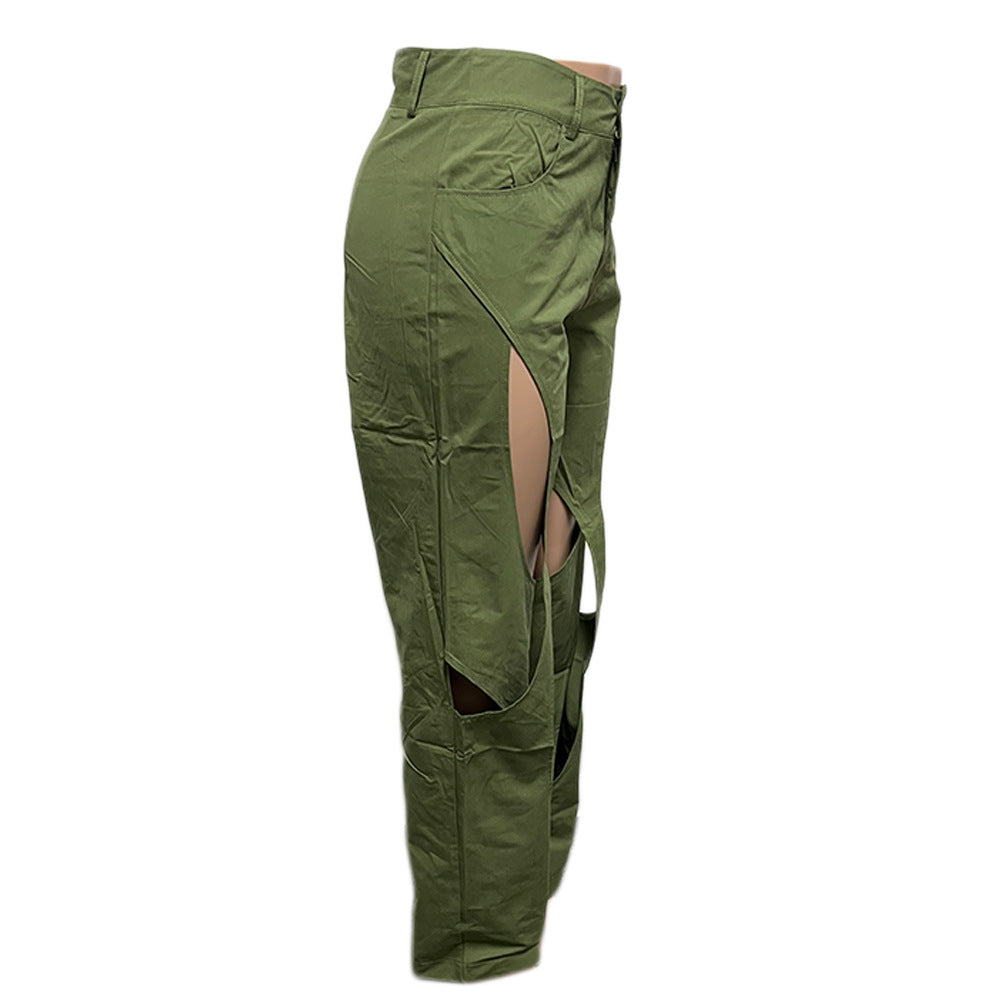 Blue Green Contrast Color Patchwork Wide Leg Trousers for Women High Waist Button Zipper Closure Hollow Out Straight Leg Pants