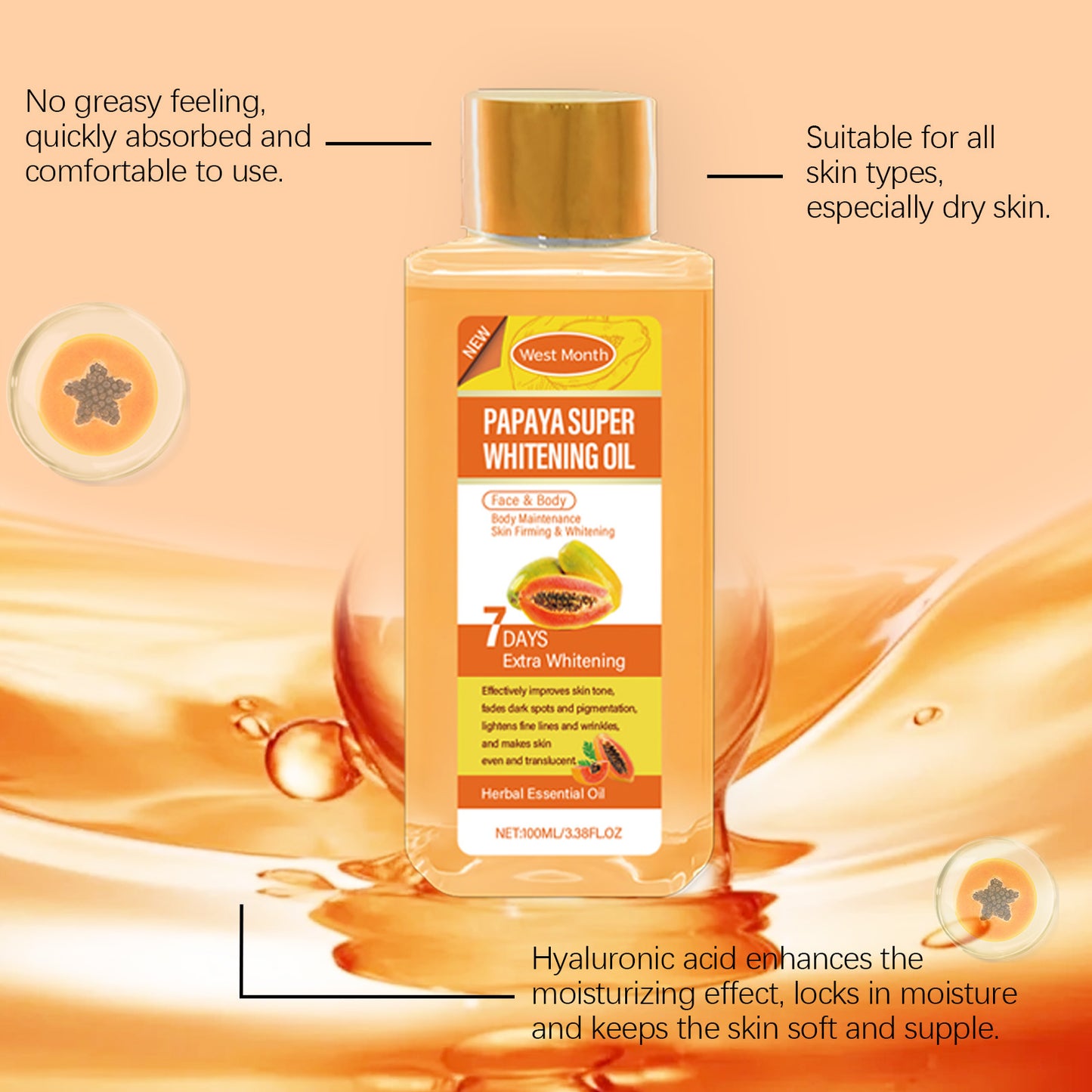 Papaya Super Whitening Oil Smoothing Moisturizer Brighten Anti-Aging Nourishing Lighten Fine Lines Spots Body Massage Skin Care