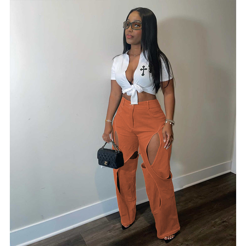 Blue Green Contrast Color Patchwork Wide Leg Trousers for Women High Waist Button Zipper Closure Hollow Out Straight Leg Pants