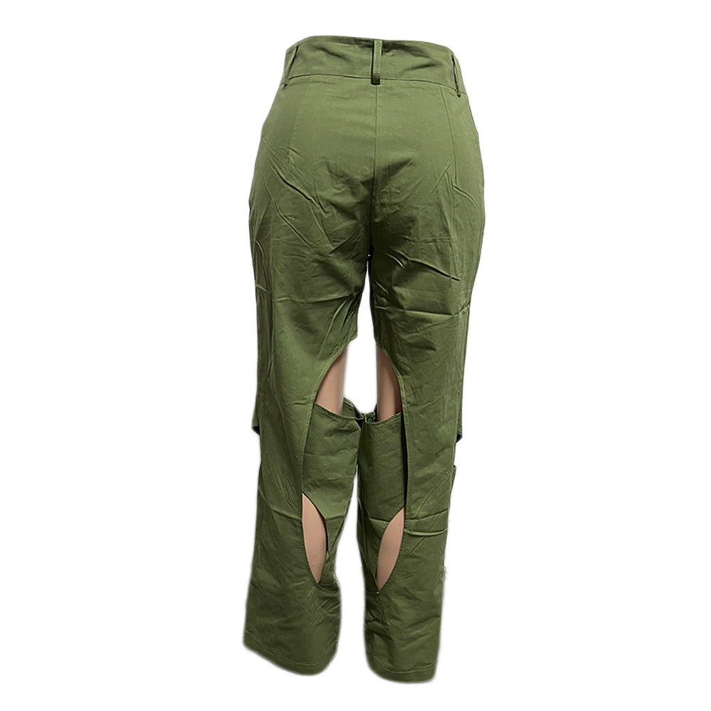 Blue Green Contrast Color Patchwork Wide Leg Trousers for Women High Waist Button Zipper Closure Hollow Out Straight Leg Pants