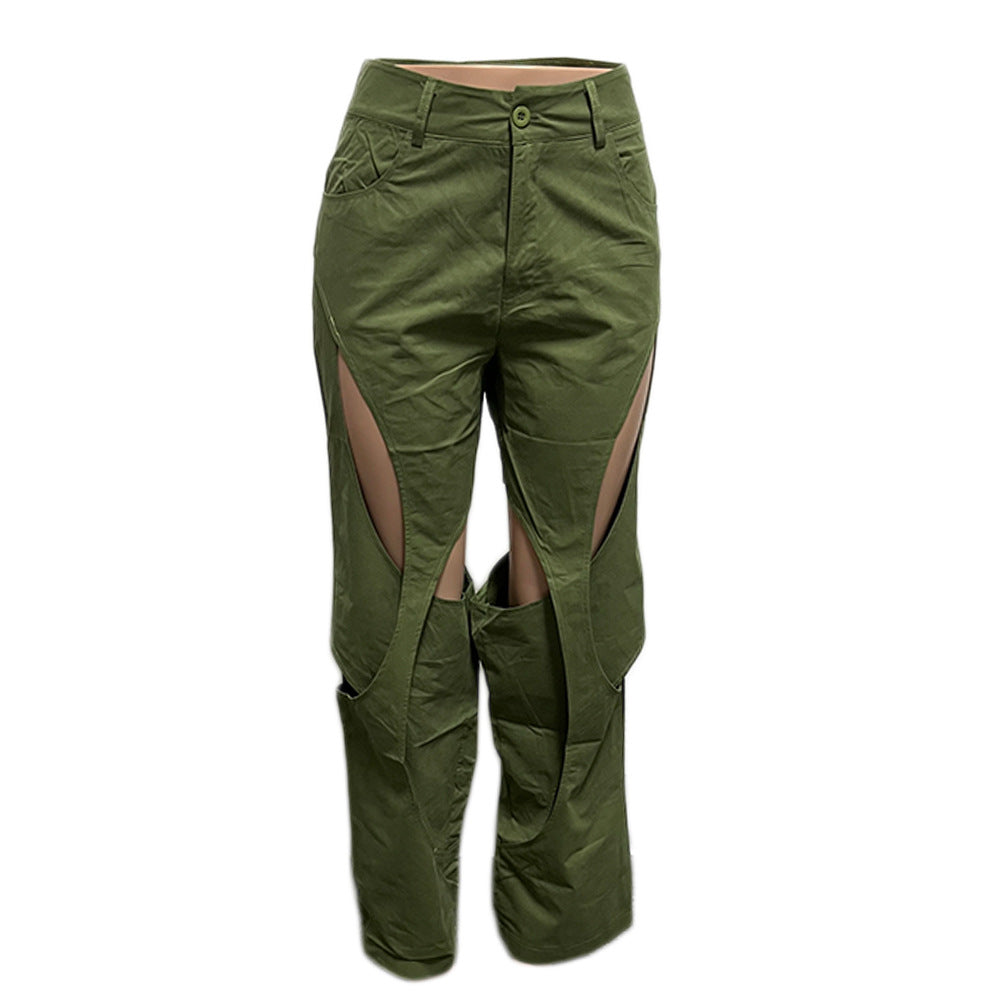 Blue Green Contrast Color Patchwork Wide Leg Trousers for Women High Waist Button Zipper Closure Hollow Out Straight Leg Pants