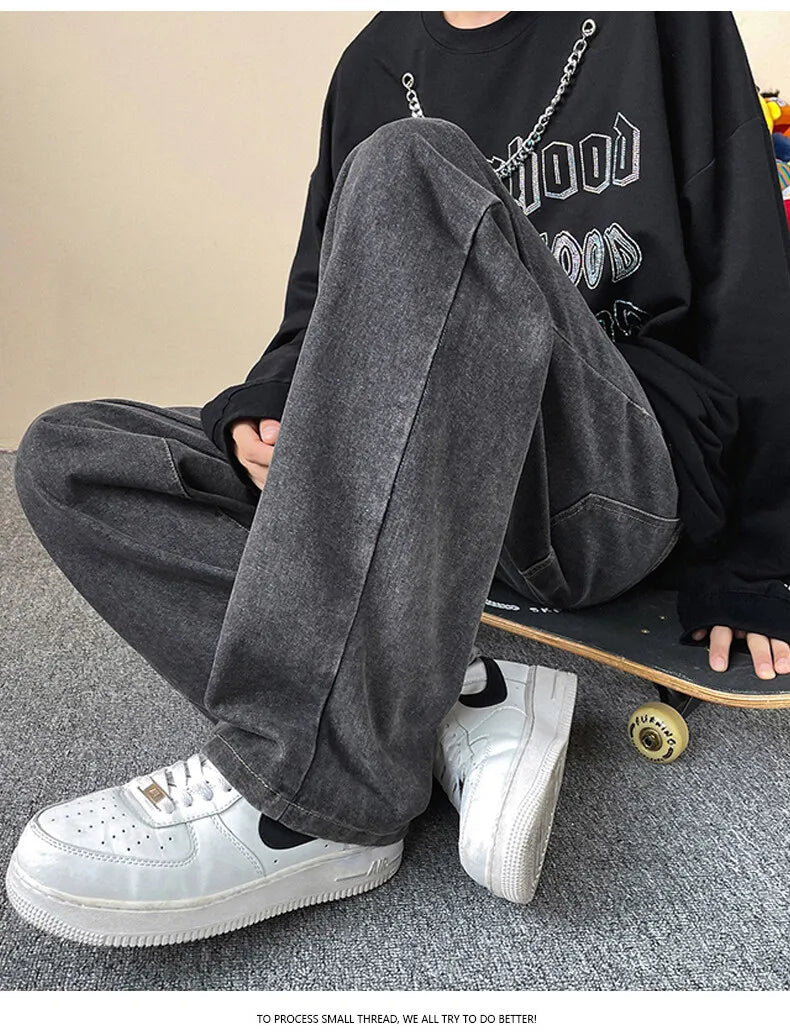 Jeans men's four-season new mopping straight loose wide legs trendy casual handsome comfortable trousers