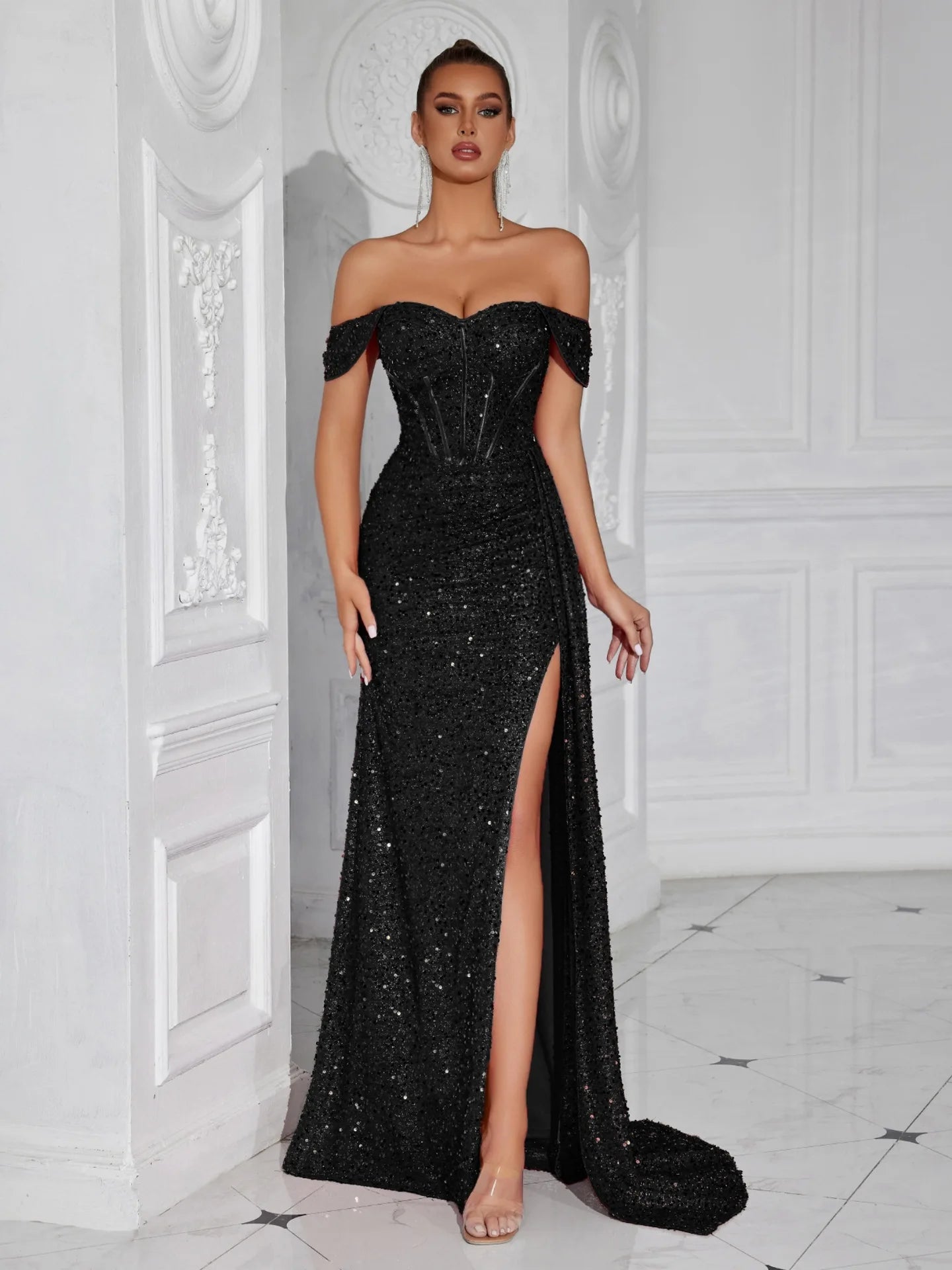 New Sexy Strapless Beading Slit Evening Dresses Women's Fashionable Slim Gowns for Special Occasions15