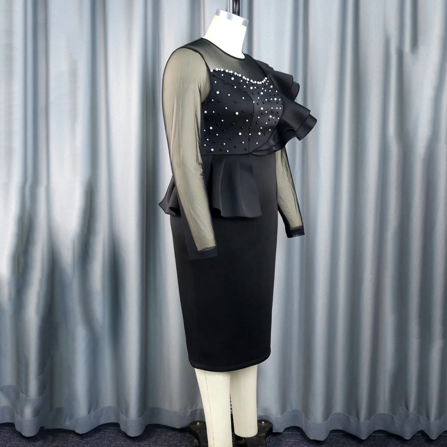 Elegant Dresses Woman 2024 Luxury O Neck Transparent Beaded Ruffles Full Sleeve Sheath Package Hips Mid Calf Birthday Party Robe