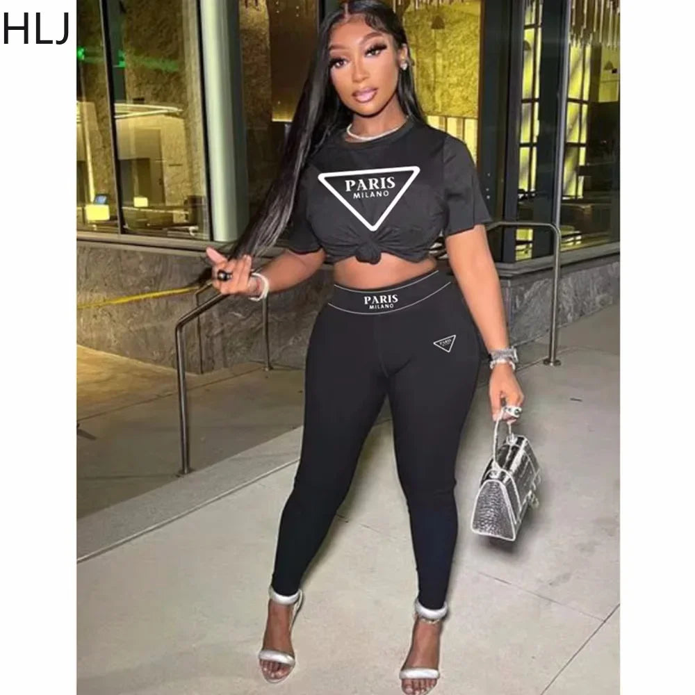 HLJ Fashion Streetwear Women Letter Print Short Sleeve Top And Skinny Pants Two Piece Sets Casual Matching 2pcs Outfits 2023 New
