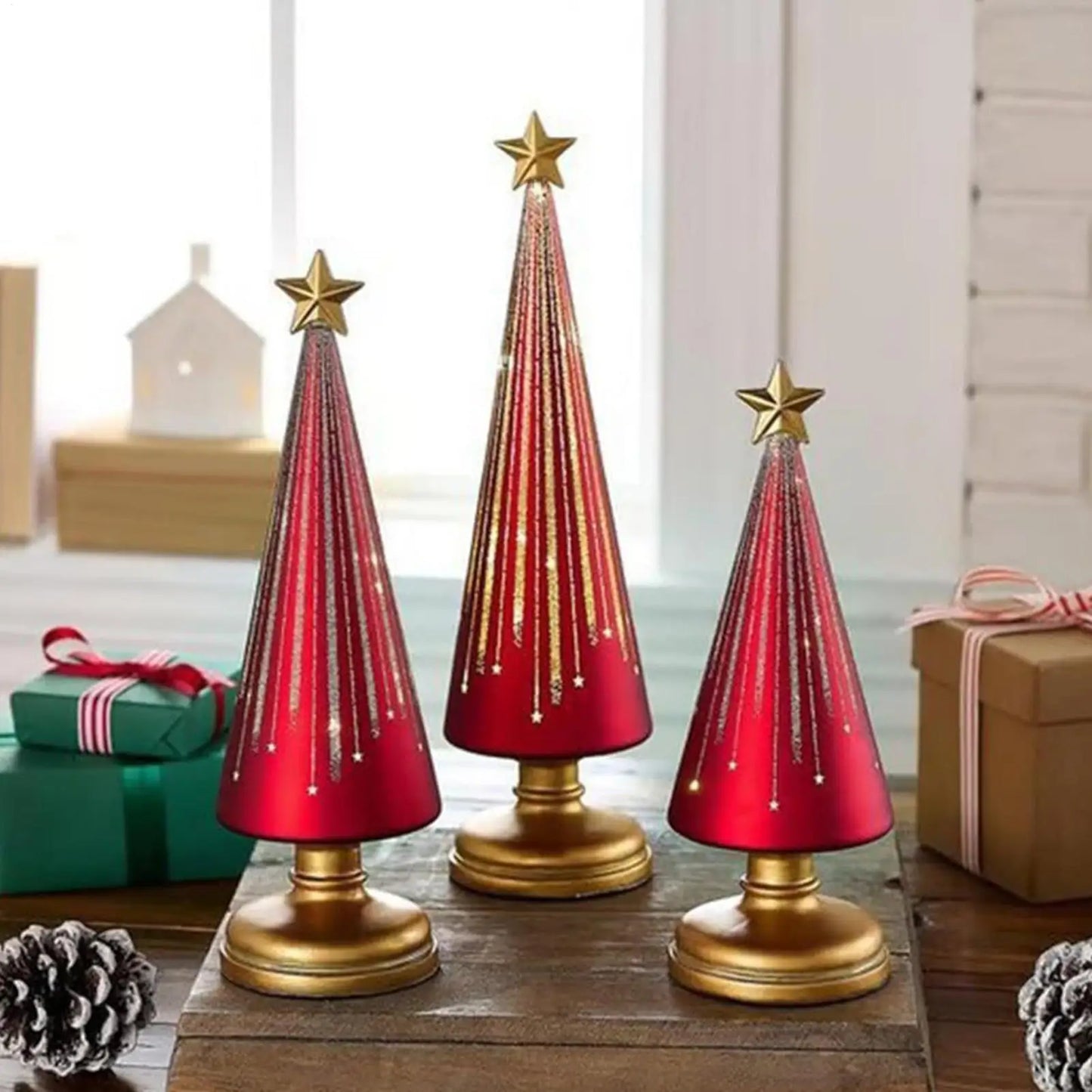 Christmas Tree Statue 3 Pieces Christmas Sculpture Resin Star Tree Figurine For Home Room Winter Party Decorations Table