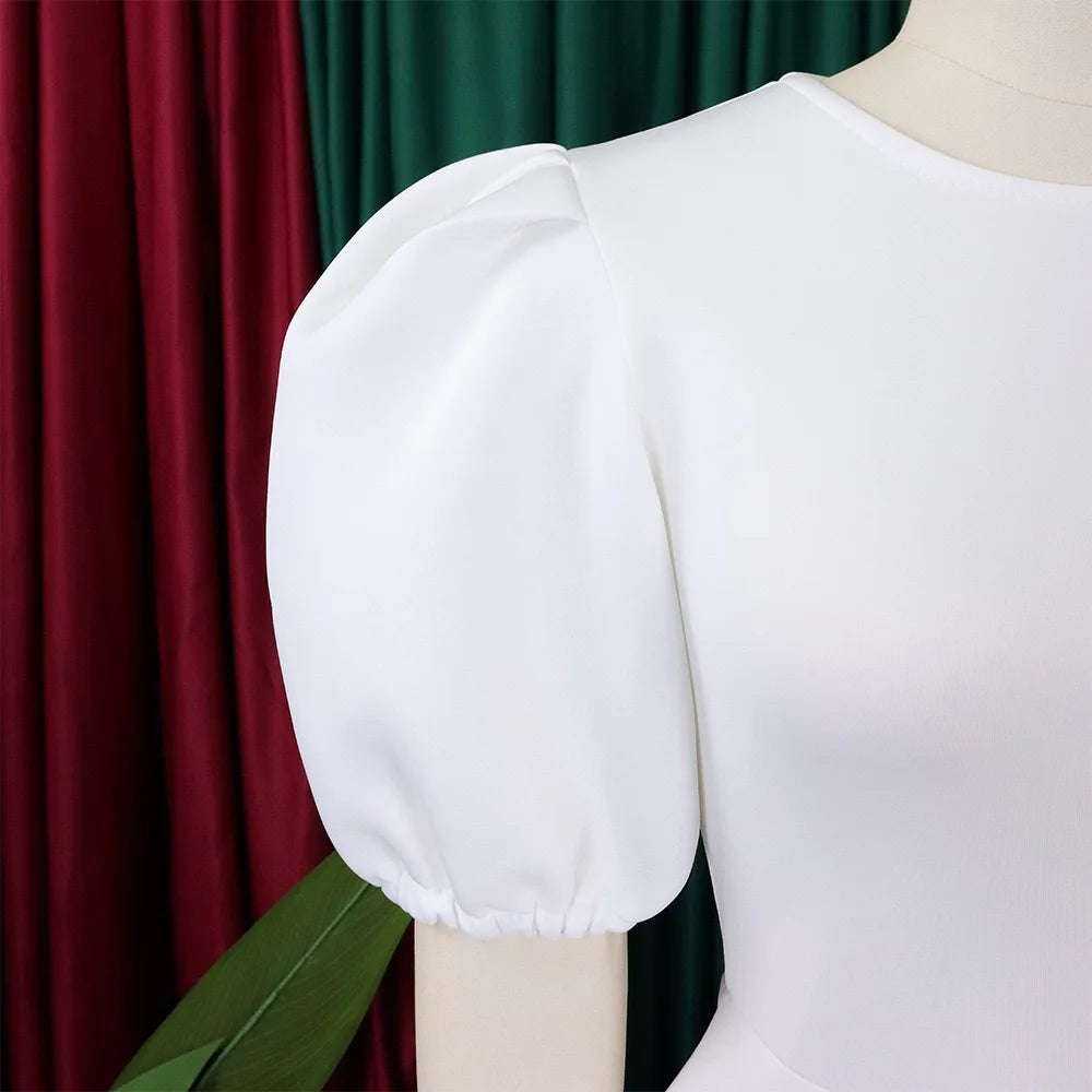 Elegant Party Dresses for Women O Neck Short Sleeve High Waisted Pleated Knee Length Fashion Ladies Birthday Dinner Vestidos Hot