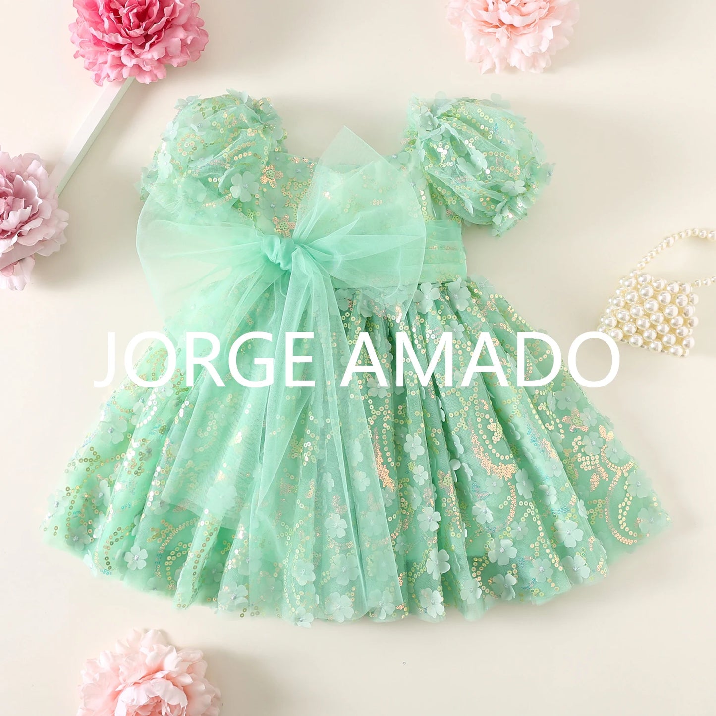 New Summer Teenager Girl's Dress Short Puff Sleeves Square Collar Appliques Large Bow Sequin Mesh Princess Lovely Clothing H7004