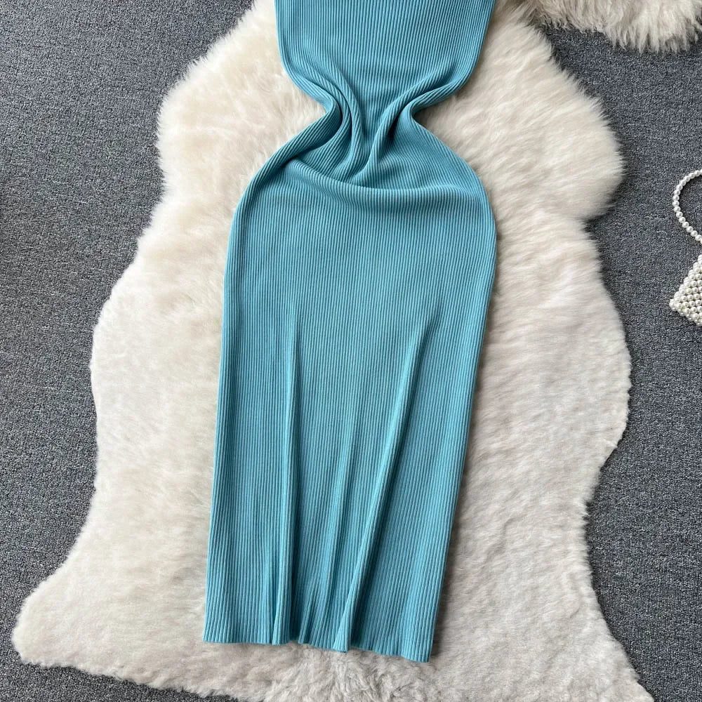 Summer Knit Sexy Strap Dress Women Tank Elatic Waist Bodycon Sundress Female Beach  Backless Maxi Long Dress