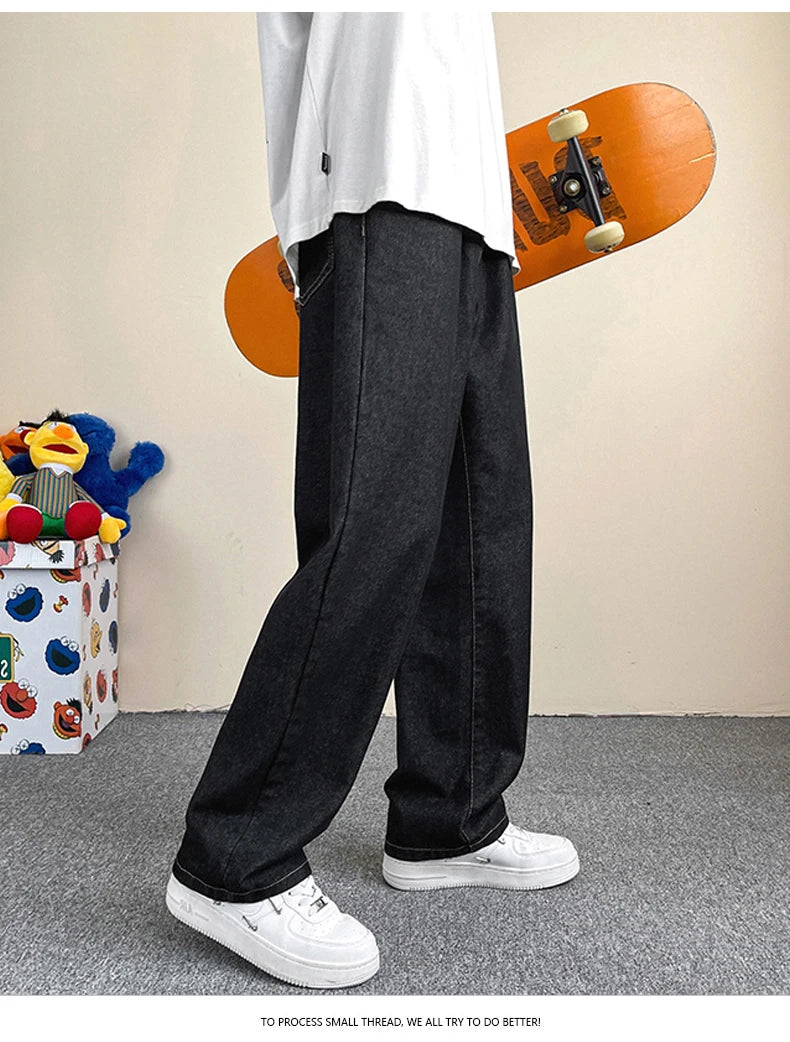 Jeans men's four-season new mopping straight loose wide legs trendy casual handsome comfortable trousers