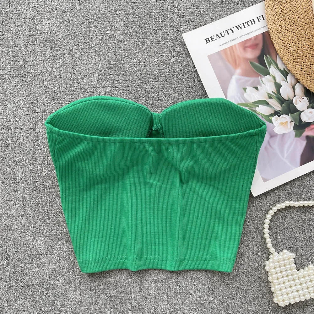 Strapless Western Style Skinny Tanks Camis for Women Summer Casual Solid Colours Female Corset Crop Tube Tops with Built In Bras