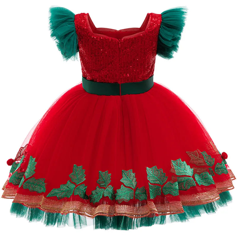 Christmas Dresses for Girl Princess Dress and Santa Claus hat KIds Carnival Festival Clothing Children Sequined Mesh prom Gown