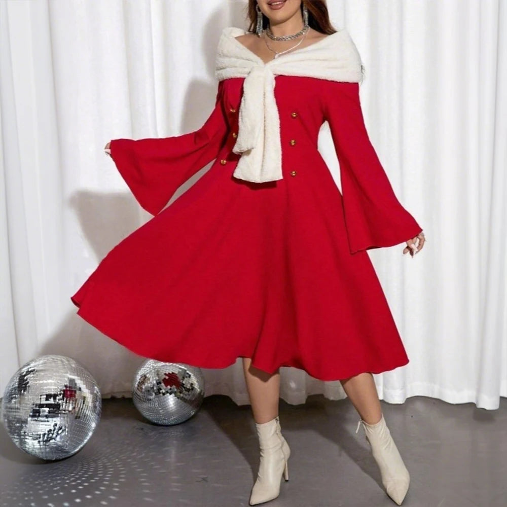 Christmas Dress for Women Plus Size Long Sleeve Oversize Warm Winter Red Elegant Dresses Girls Xmas New Year Party Costume