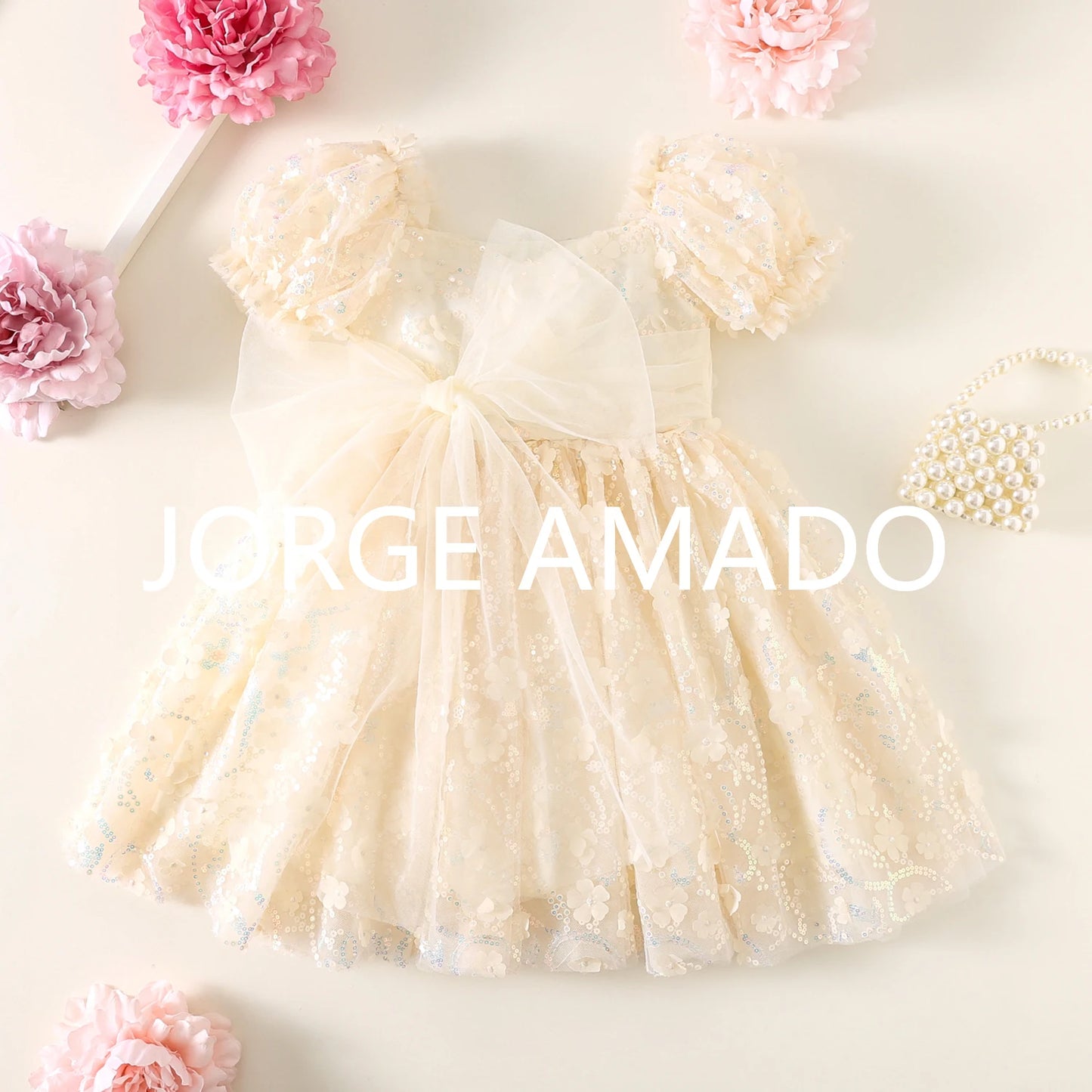 New Summer Teenager Girl's Dress Short Puff Sleeves Square Collar Appliques Large Bow Sequin Mesh Princess Lovely Clothing H7004