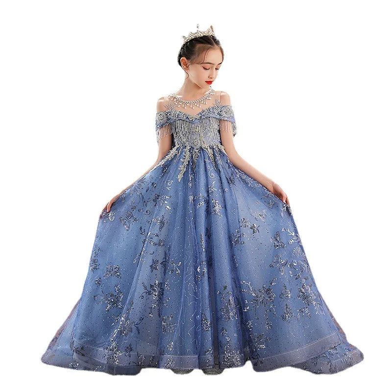 Girl Elegant Off Shoulder Dress Fashion Runway Show Luxurious Princess Dresses for Girls Birthday Party Long Kids Vestidos