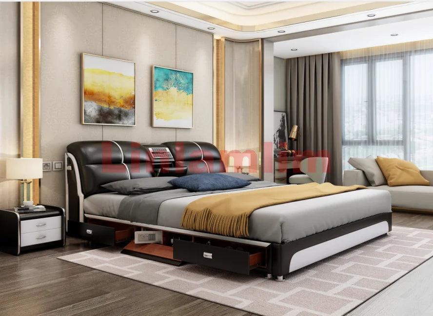 Linlamlim Tech-Smart Multifunctional Bed Genuine Leather Ultimate Camas Tatami Lit with Massage, Projector, Air Purifier,Speaker
