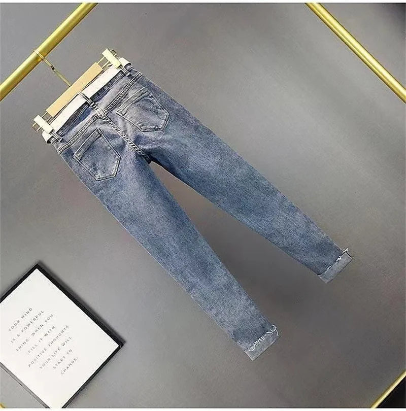 2025 Ladies Jeans Heavy Industry Rhinestone Skinny Jeans Women Spring Summer High Waist Denim Pants Korean Street Stretch Pants