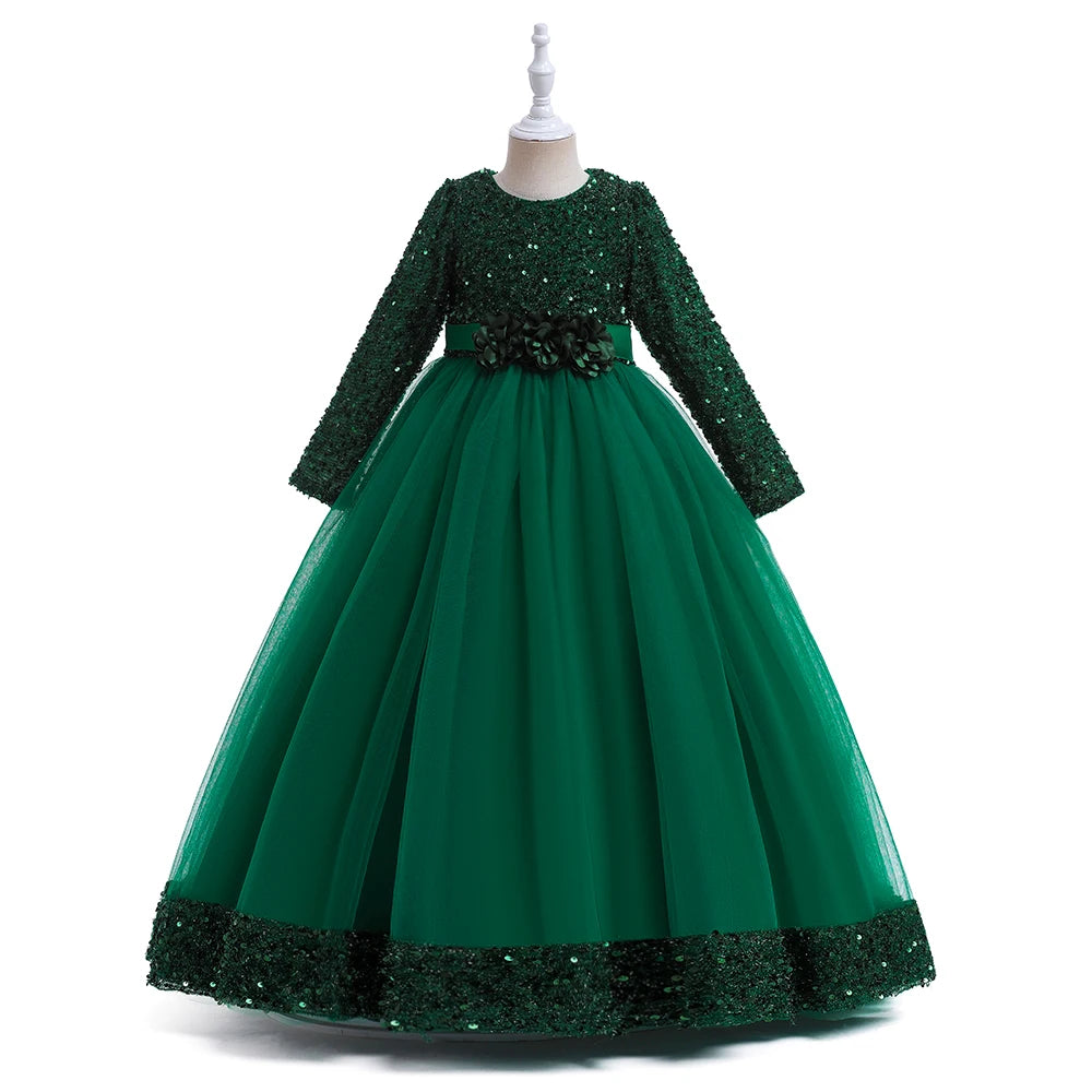 Christmas Princess Dress For Girls Children Costume Long Sleeve Sequin Wedding Evening Vestidos Kids Girl Birthday Party Dresses