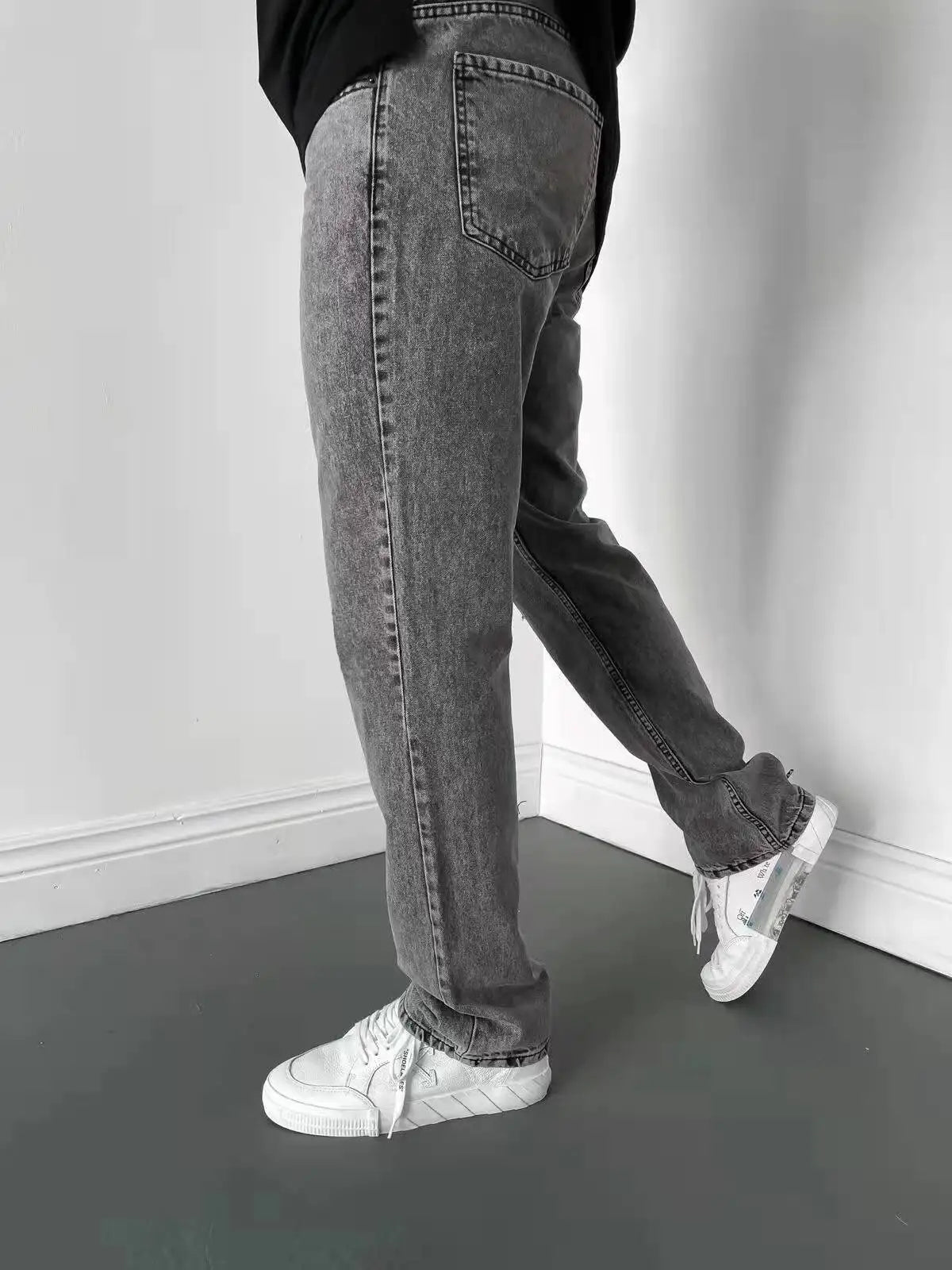 Men Comfortable Straight Casual Jeans Male Soft Baggy Outside Denim Pants Classic Elastic Waist Solid Office Work Denim Trousers