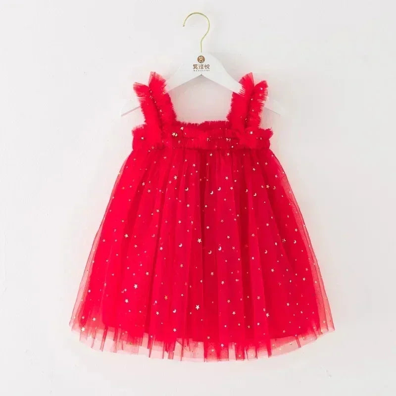 Christmas 2025 Girls Cute Fly Sleeve Star Printed Mesh Puffy Dress Halloween Children Party Photograph Princess Dress 1-6T