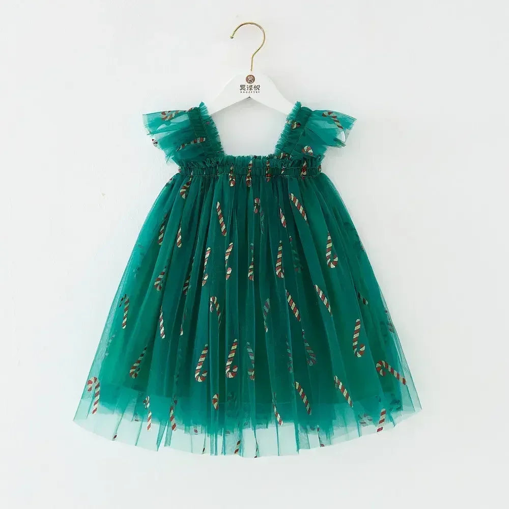Christmas 2025 Girls Cute Fly Sleeve Star Printed Mesh Puffy Dress Halloween Children Party Photograph Princess Dress 1-6T