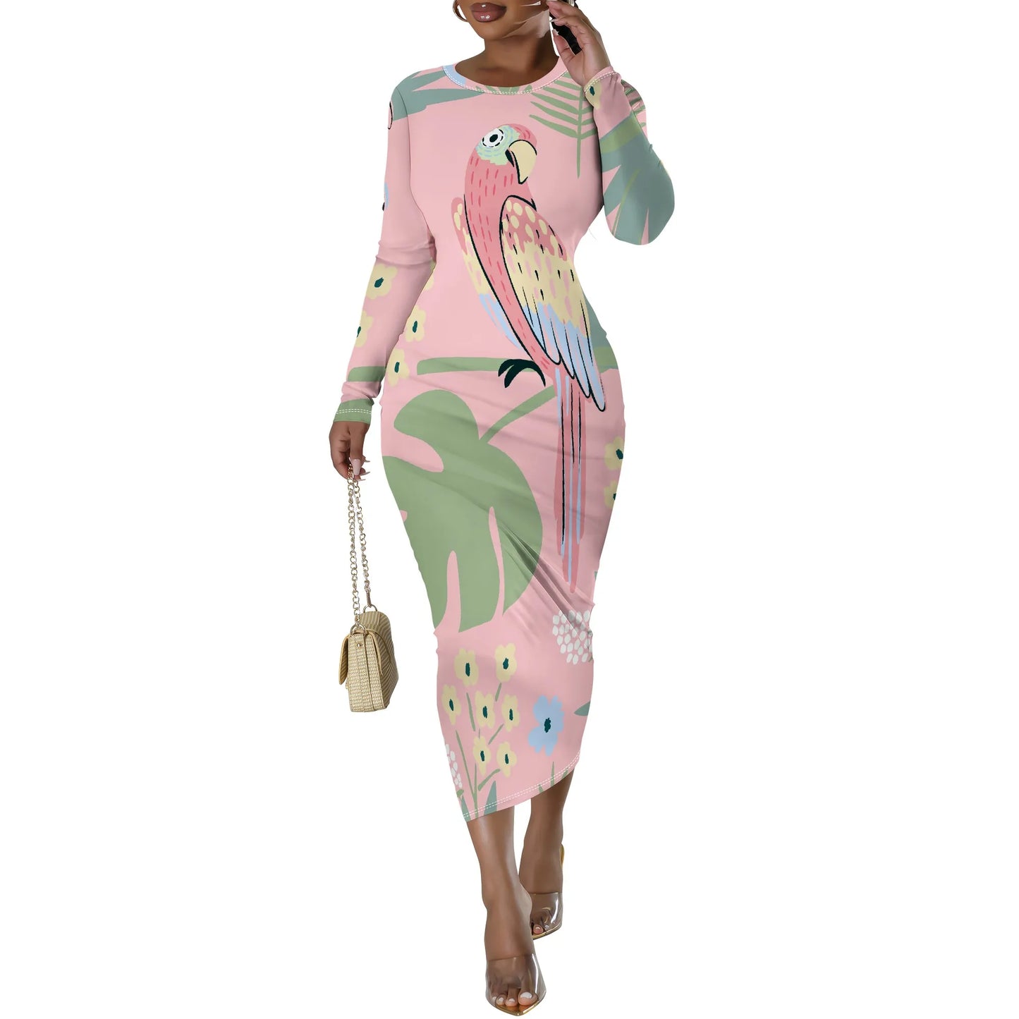 Date Night Dresses for Women Floral Print Crewneck Long Sleeve Stretchy Fitted Bodycon Maxi Dress