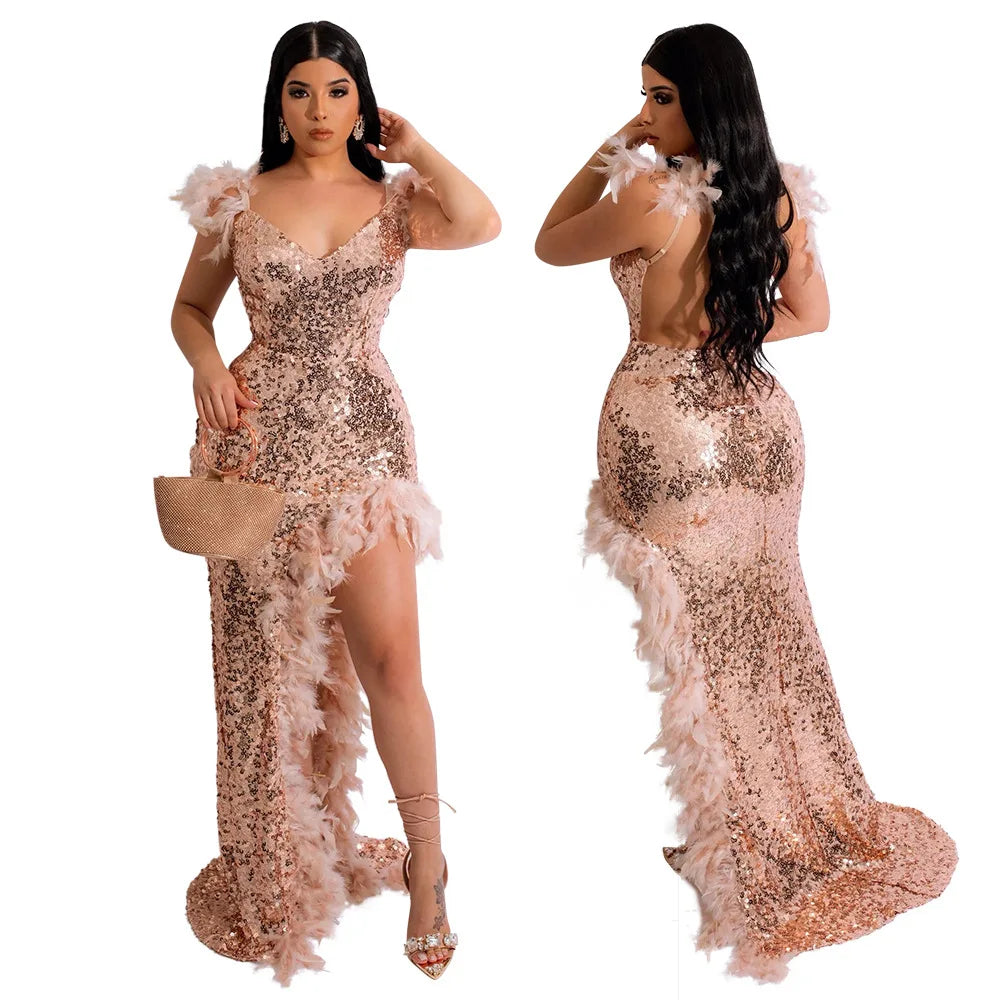 Dress Floor Length Dresses Women Party Gown Sequin Feather Hip Wrap Sexy Slim Fit Vestidos Sleeveless V Neck Backless Evening