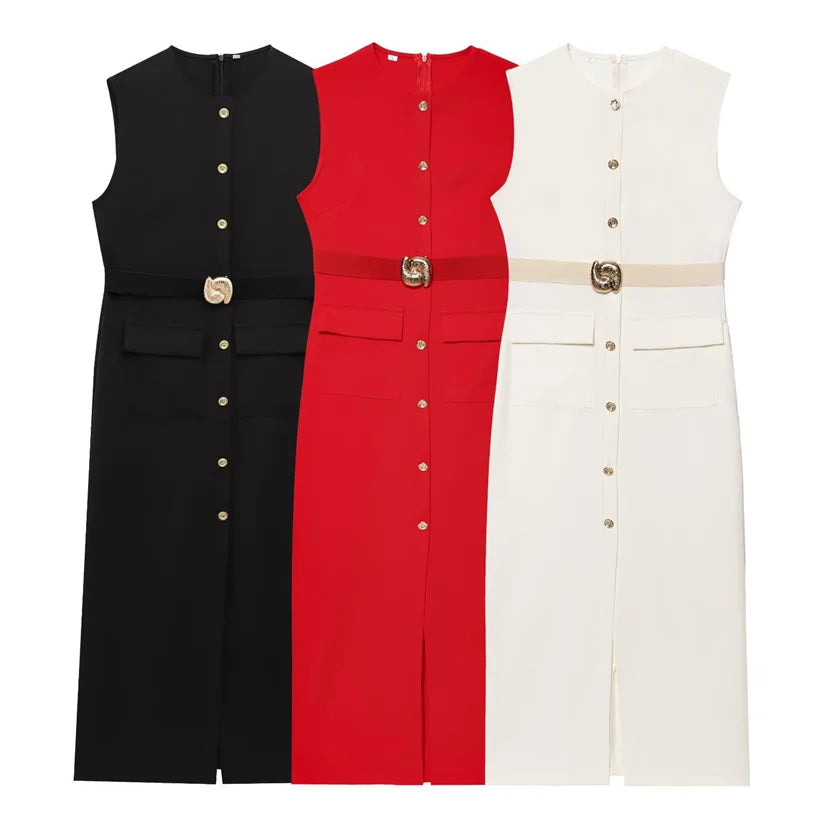 Women's Dress Black Long Dresses Spring Summer 2025 Button Up Sleeveless Sundress Vestidos Elegant Casual Women's Dresses