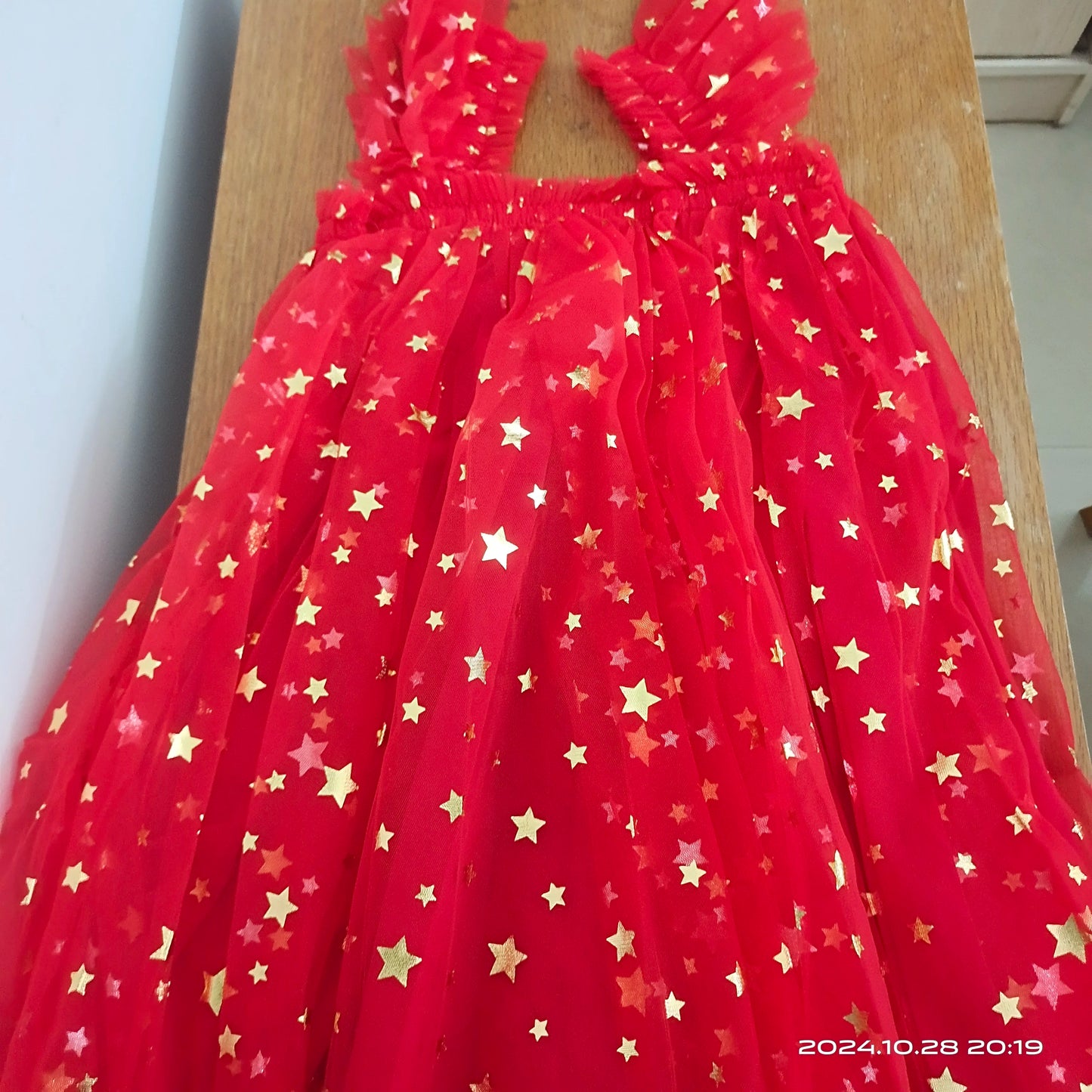 Christmas 2025 Girls Cute Fly Sleeve Star Printed Mesh Puffy Dress Halloween Children Party Photograph Princess Dress 1-6T