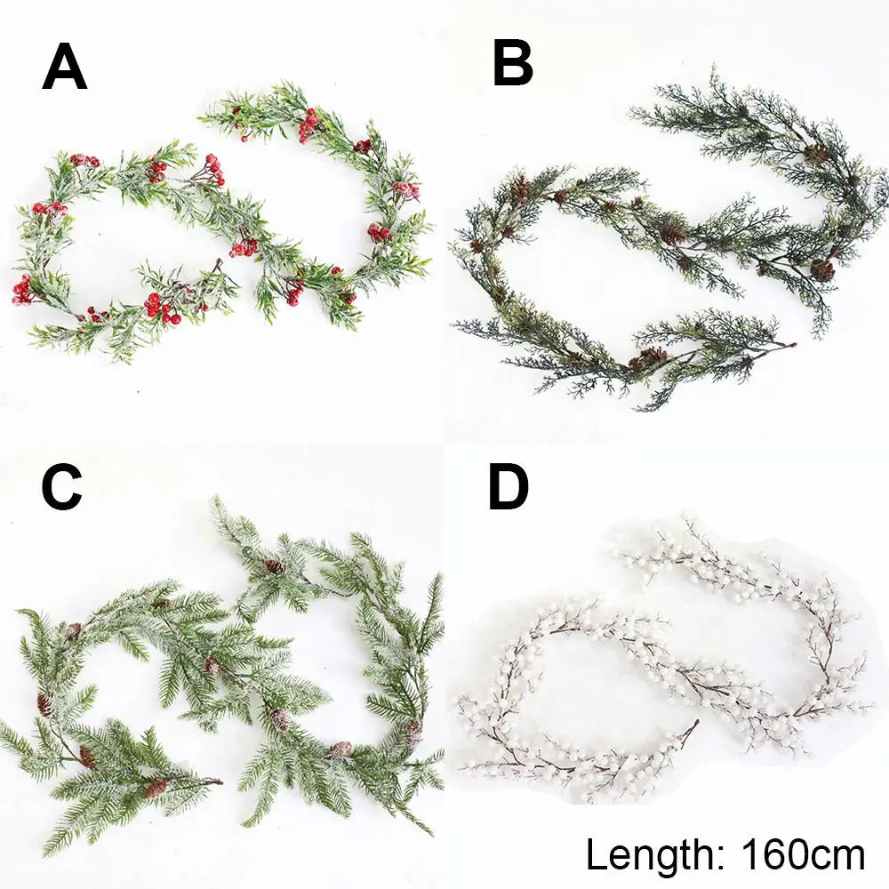 Gift Xmas Tree Ornament Leaves Branches Artificial Red Berries Christmas Decorative Garland Pine Cones Vine Hanging Wreath