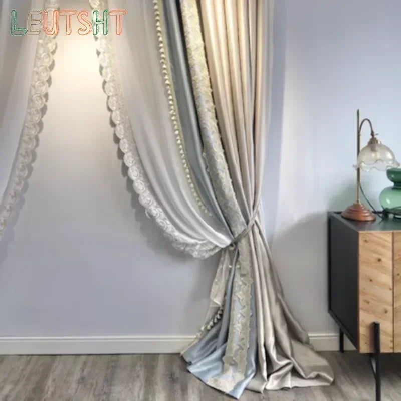 French Curtains for Living room window windbreak Light Luxury High-end Shiny Fabric Pattern High-precision Lace Curtains Window