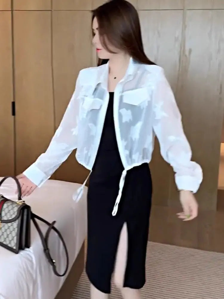 Summer Solid Color Fashion Long Sleeve Jacket Women High Street Thin Style Embroidered Button Cardigan Drawstring All-match Tops