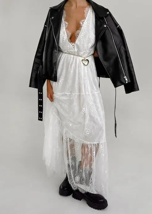 Female Dresses 2025 Sexy Black Brocade Lace Temperament Dress Versatile and Sexy V-Neck Wide Truffle Back Women's Long Dress