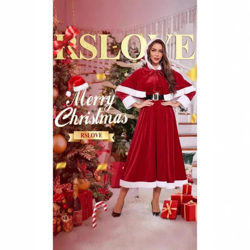 Christmas Themed Performance Dress Red and White Belt Christmas Dress Women Hooded Dress Holiday Party