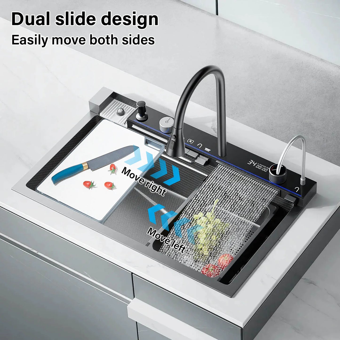 304 Stainless Steel Kitchen Sink with Digital Display Waterfall Faucet, Multifunctional 75*45cm Large Single Slot Whale Sink
